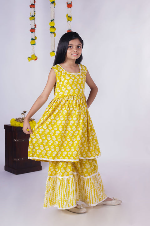 Aatya Kiids Gota embellished Sleeveless Kurta with Sharara - Yellow.