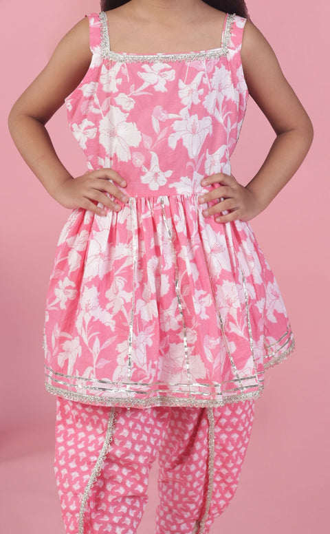 Aatya Kiids Pink Flower printed Peplum Top with Dhoti - Pink.