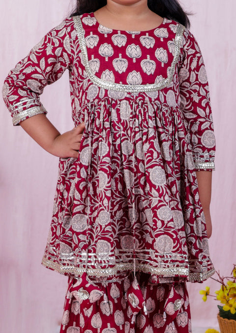 Aatya Kiids Maroon Embelished 3 dori Kurta with sharara - Maroon.