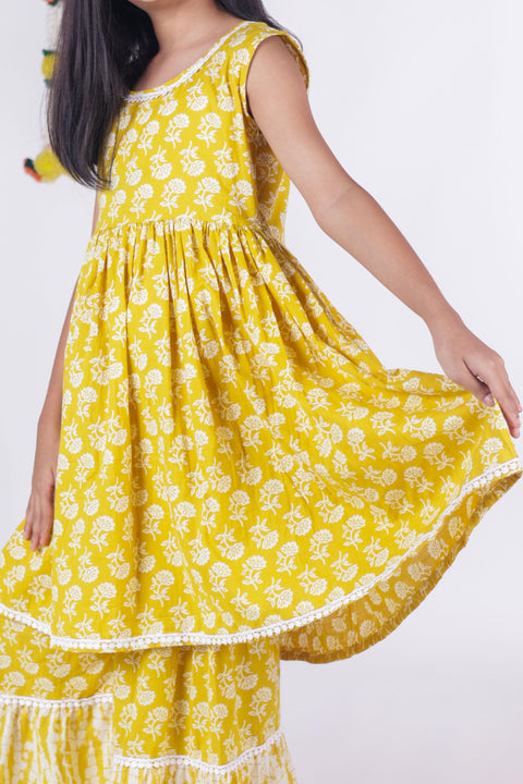 Aatya Kiids Gota embellished Sleeveless Kurta with Sharara - Yellow.