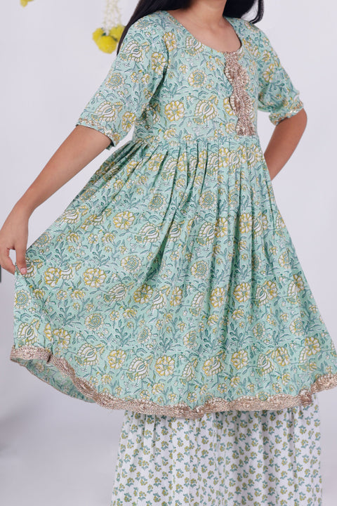 Aatya Kiids Green Gota Lace embellished Flower printed Sharara set - Green/White.