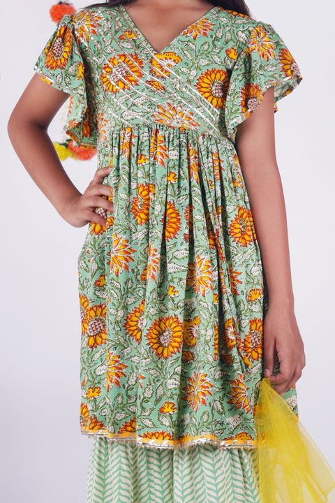 Aatya Kiids Green Angrakha Kurta Gota embellished Kurta with Sharara and Dupatta - Dark Green.