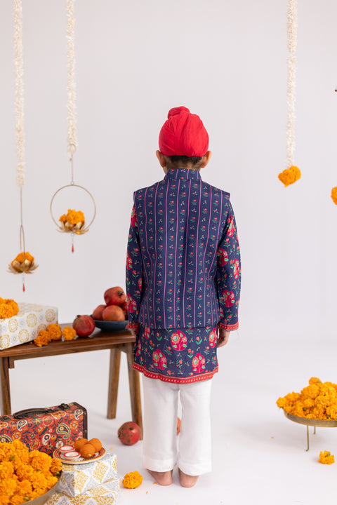 Pre-Order: Blue anar jaal  printed muslin jacket  set-set of 4