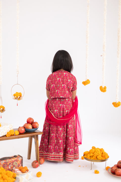 Pre-Order: Red  anar jaal  printed muslin lehenga  set-set of 4