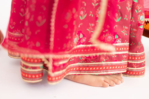 Pre-Order: Red  anar jaal  printed muslin lehenga  set-set of 4