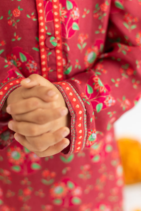 Pre-Order: Maroon jaal printed muslin kurta set-set of 2