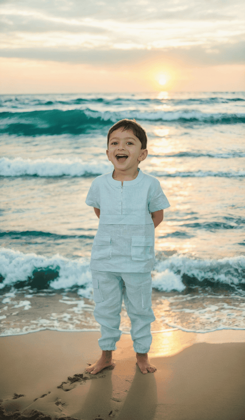 Pre-Order: Box Pleated Pure Linen  Premium Co-ords - Sky Blue