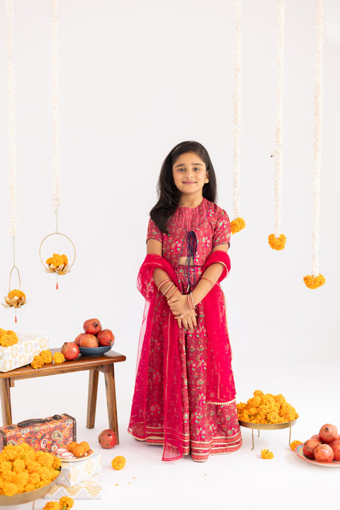 Pre-Order: Red  anar jaal  printed muslin lehenga  set-set of 4