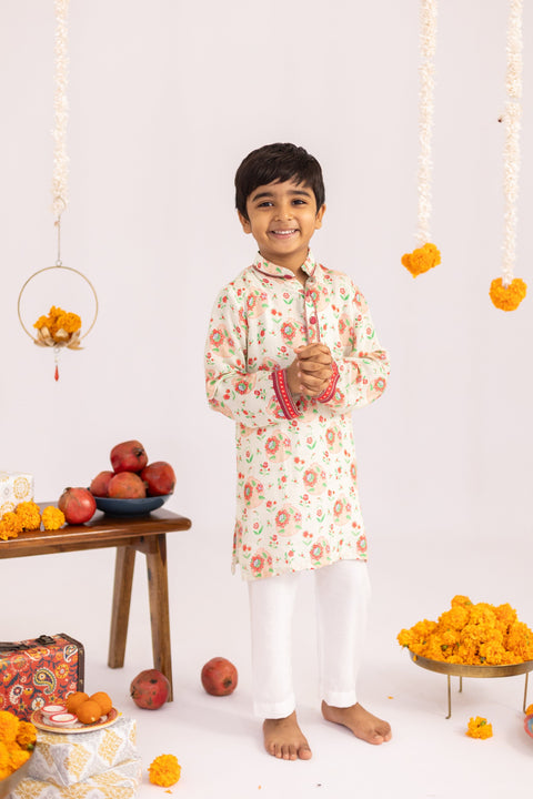 Pre-Order: Off white  anar jaal  printed muslin kurta set-set of 2