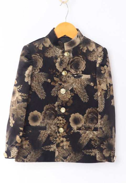 Pre-Order: Golden Flower Printed  Velvet Bandgala Blazer Set