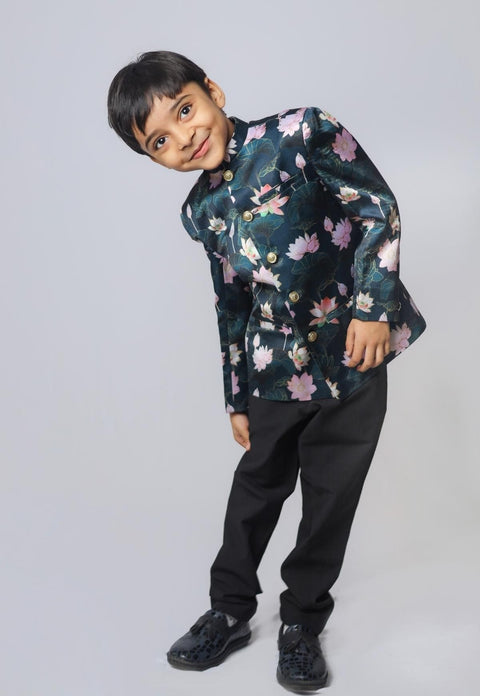 Pre-Order: Lotus Printed  Satin Bandgala Blazer  Set