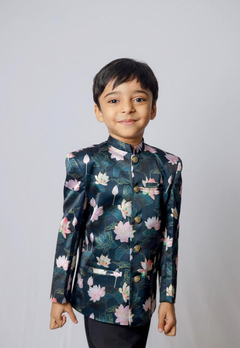 Pre-Order: Lotus Printed  Satin Bandgala Blazer  Set