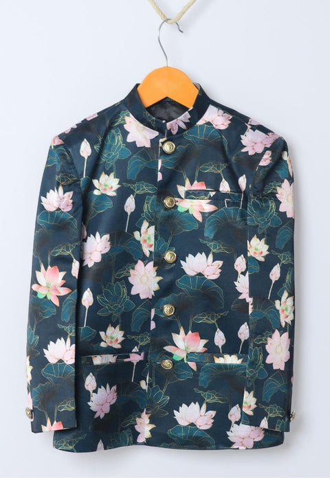 Pre-Order: Lotus Printed  Satin Bandgala Blazer  Set