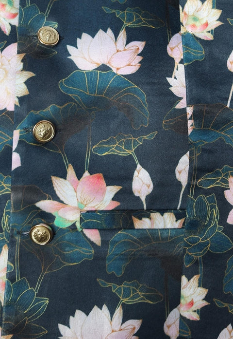 Pre-Order: Lotus Printed  Satin Bandgala Blazer  Set