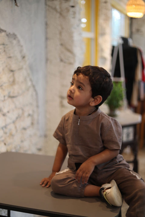 Pre-Order: Box Pleated Pure Linen  Premium Co-ords - Brown