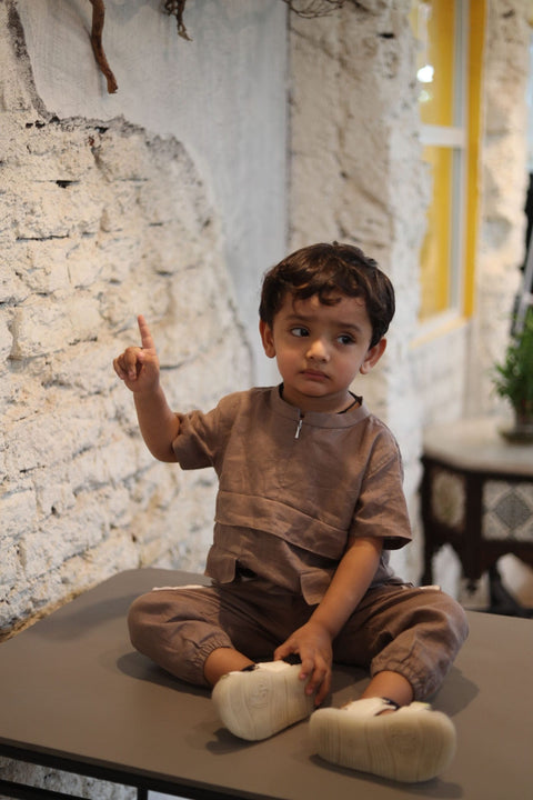 Pre-Order: Box Pleated Pure Linen  Premium Co-ords - Brown