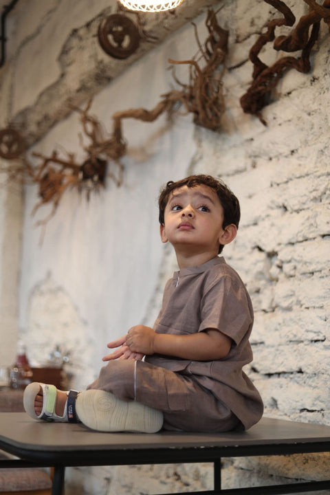 Pre-Order: Box Pleated Pure Linen  Premium Co-ords - Brown