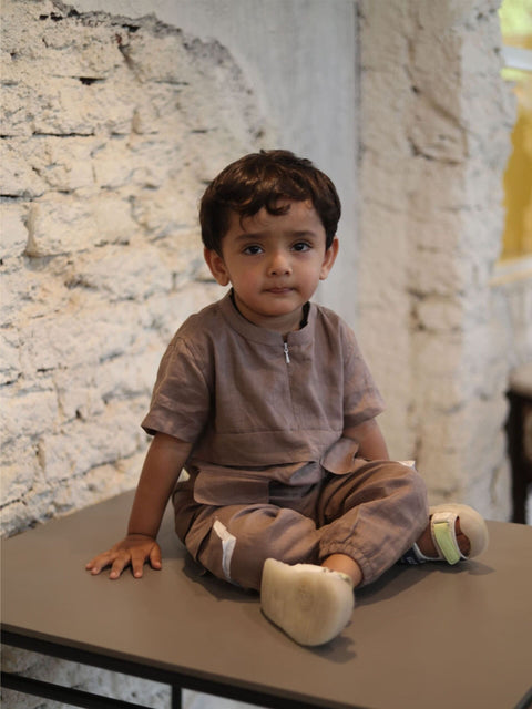 Pre-Order: Box Pleated Pure Linen  Premium Co-ords - Brown