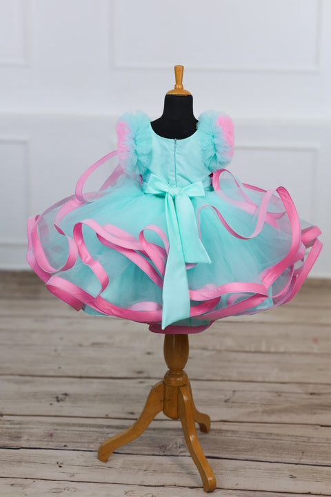 Pre-Order: Moonlight- Powder Blue Twirled Party wear Gown with pink Flowers