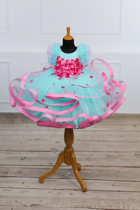 Pre-Order: Moonlight- Powder Blue Twirled Party wear Gown with pink Flowers