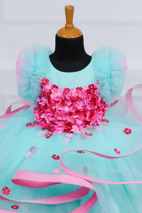 Pre-Order: Moonlight- Powder Blue Twirled Party wear Gown with pink Flowers