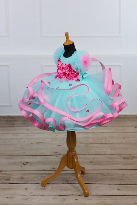 Pre-Order: Moonlight- Powder Blue Twirled Party wear Gown with pink Flowers