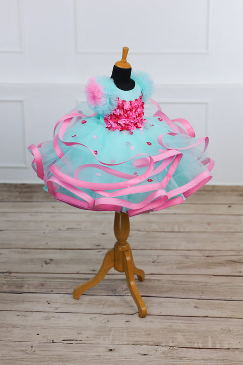 Pre-Order: Moonlight- Powder Blue Twirled Party wear Gown with pink Flowers
