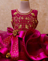 Pre-Order: Magenta Heavy Frilled Gown With Golden Embroidery