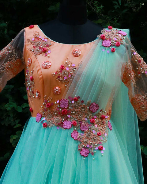 Pre-Order: Pestle Aqua Blue  Saree Gown With Peach Embroidery Yoke