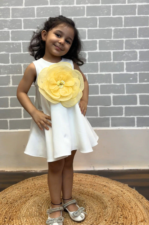 Pre-Order: White Dress with Yellow Organza Flower