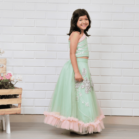 Pre-Order: Pista Green Embroidered Ghaghra Choli