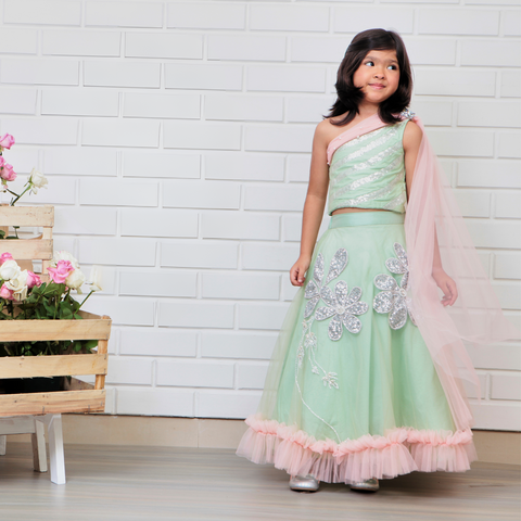 Pre-Order: Pista Green Embroidered Ghaghra Choli