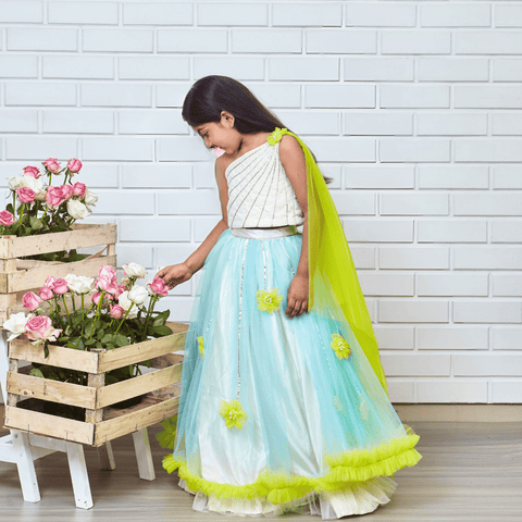 Pre-Order: Dreamy Cinderella Ghaghra choli with gota patt iembellishments and poppat green flowers and frills