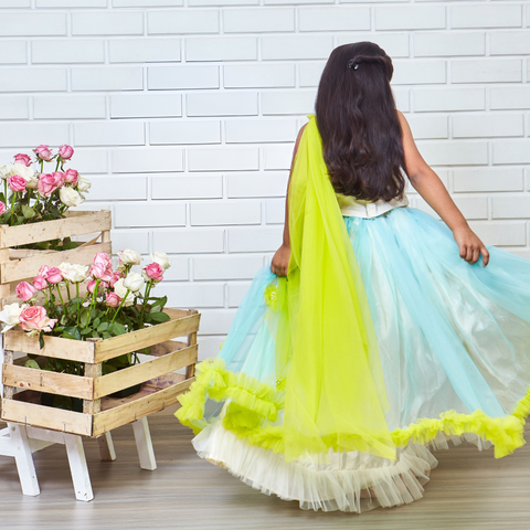 Pre-Order: Dreamy Cinderella Ghaghra choli with gota patt iembellishments and poppat green flowers and frills