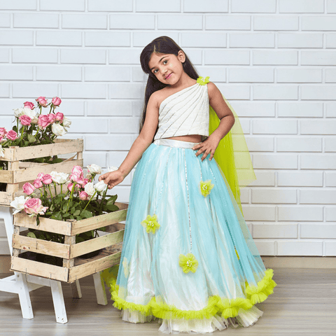 Pre-Order: Dreamy Cinderella Ghaghra choli with gota patt iembellishments and poppat green flowers and frills