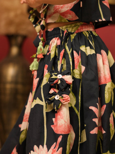 Pre-Order: Navy blue lotus print lehenga set