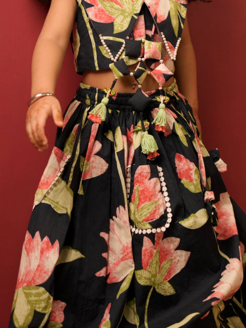 Pre-Order: Navy blue lotus print lehenga set