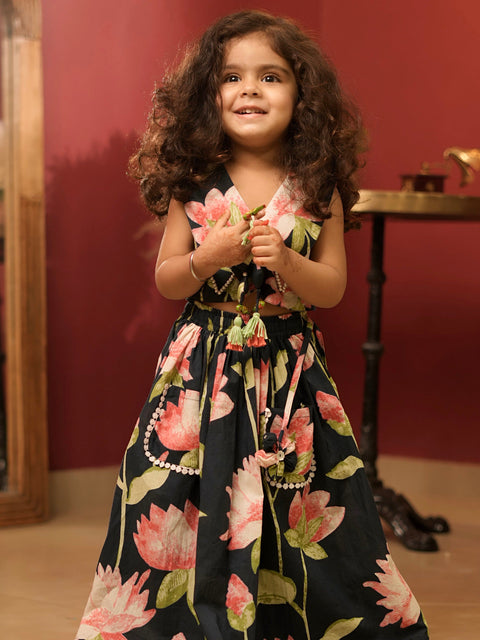 Pre-Order: Navy blue lotus print lehenga set