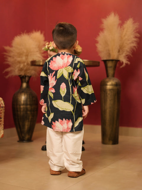 Pre-Order: Navy blue lotus print kurta set