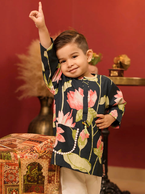 Pre-Order: Navy blue lotus print kurta set