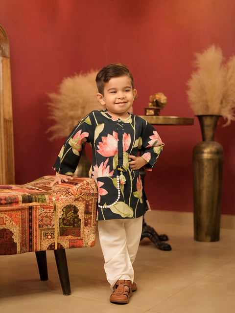 Pre-Order: Navy blue lotus print kurta set