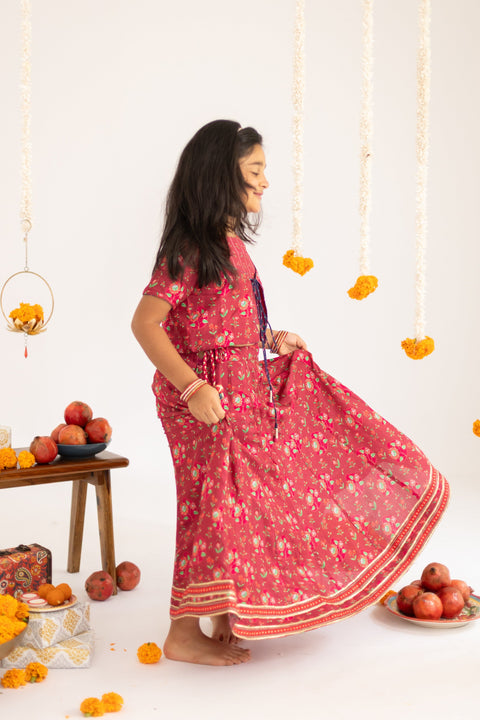 Pre-Order: Red  anar jaal  printed muslin lehenga  set-set of 4