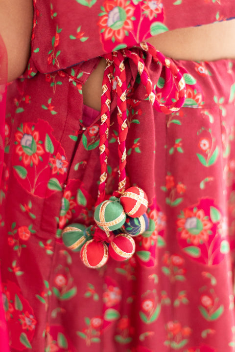 Pre-Order: Red  anar jaal  printed muslin lehenga  set-set of 4
