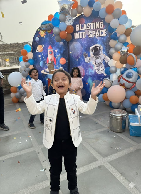 Pre-Order: The Space Themed Off White Colour  Zipper Bomber Jacket with Black pants