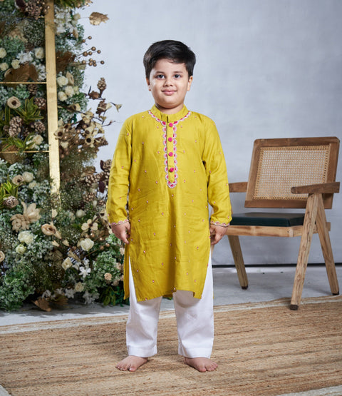 Pre-Order: Yellow Cotton Kurta Set with Handwork on the Neckline