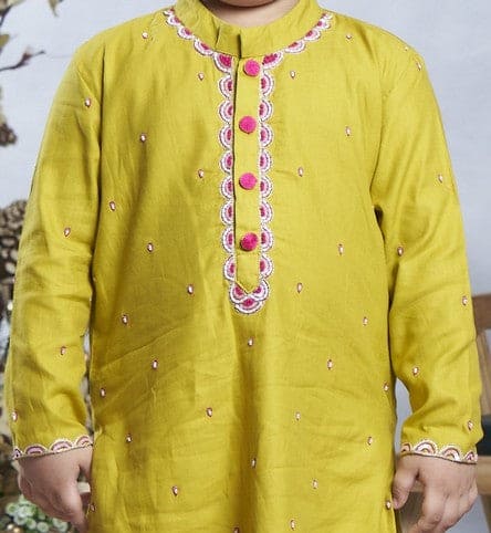 Pre-Order: Yellow Cotton Kurta Set with Handwork on the Neckline