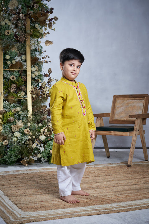 Pre-Order: Yellow Cotton Kurta Set with Handwork on the Neckline