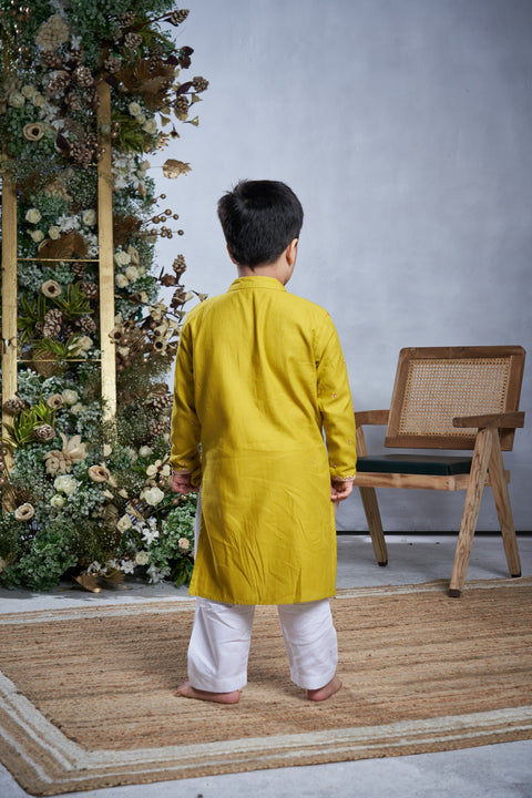 Pre-Order: Yellow Cotton Kurta Set with Handwork on the Neckline