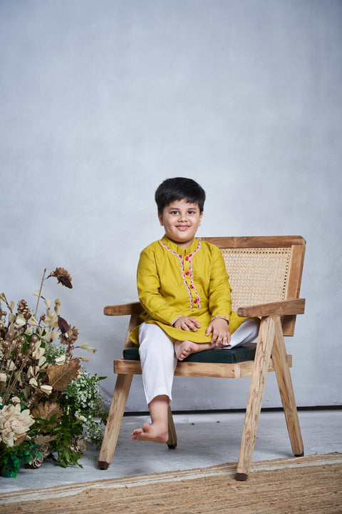 Pre-Order: Yellow Cotton Kurta Set with Handwork on the Neckline