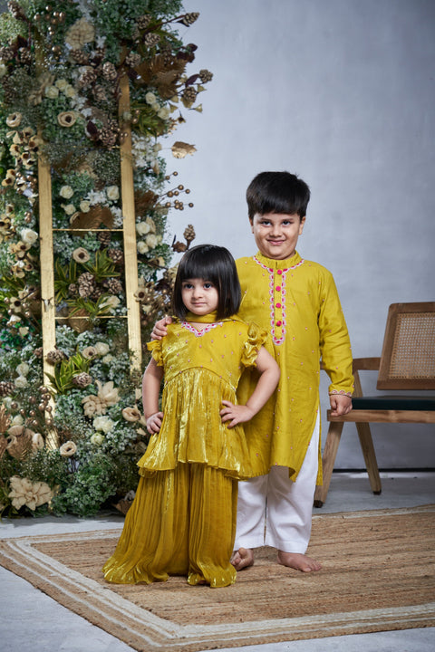 Pre-Order: Yellow Cotton Kurta Set with Handwork on the Neckline